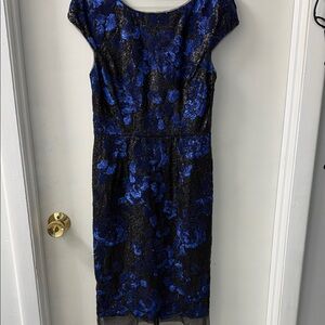 Vera Wang Black and Royal Blue Floral Lace Midi Dress